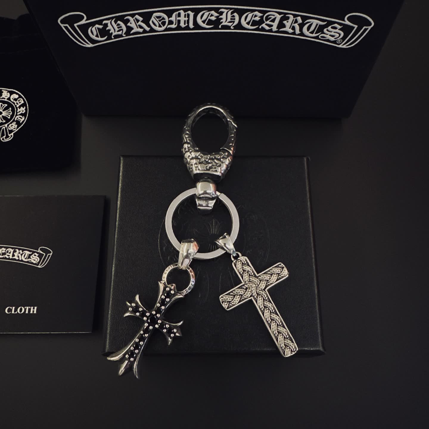 Chrome Hearts Silver Keychain with Cross Charms